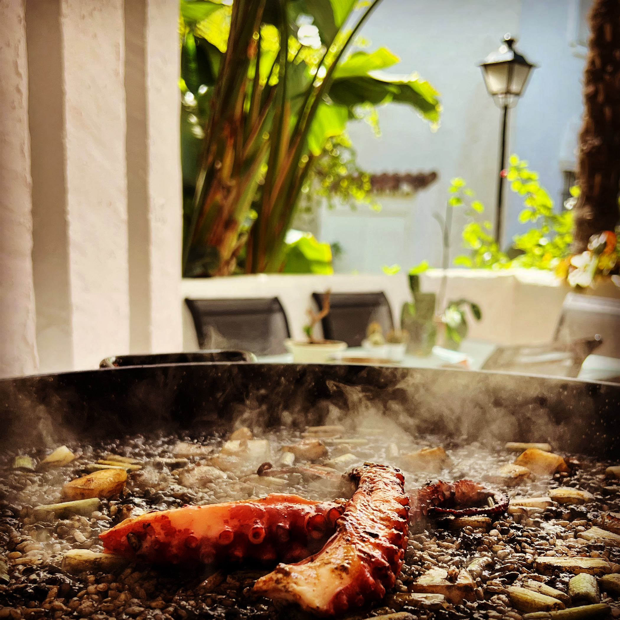 Arroz negro con tinta de calamar acompañado de una jugosa pata de pulpo, servido en un plato gourmet para un evento exclusivo.